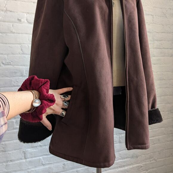 Vintage Brown Faux Suede Fox Fur Trim Coat Minimalist Mini Trench Boho Jacket - Picture 7 of 10